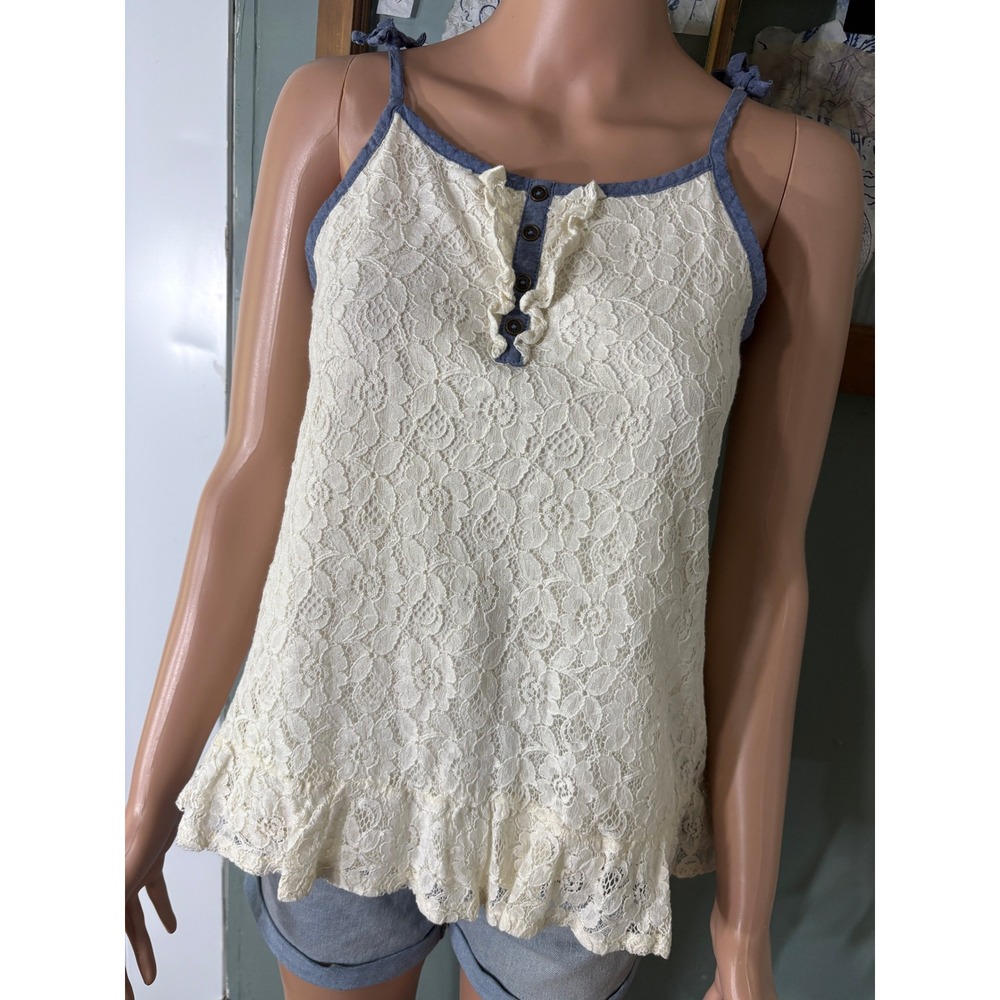 Cherokee Girls Cream Floral Lace Camisole Top Blue Chambray Trim XL 14/16